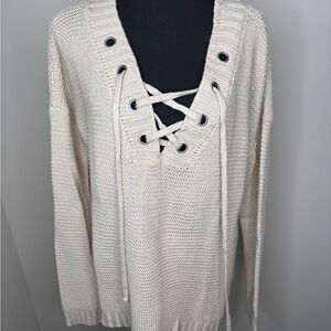 Cream Lace-Up Sweater